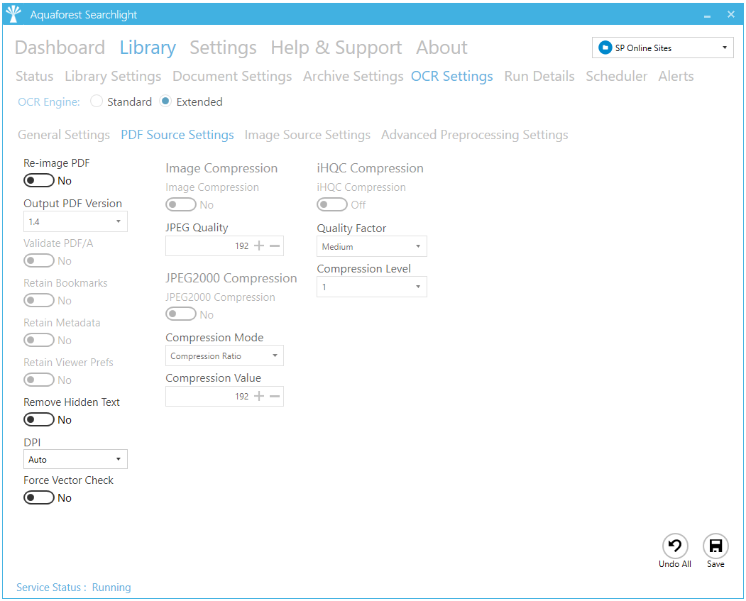 Интерфейс Aquaforest Searchlight: PDF Source Settings в Extended OCR