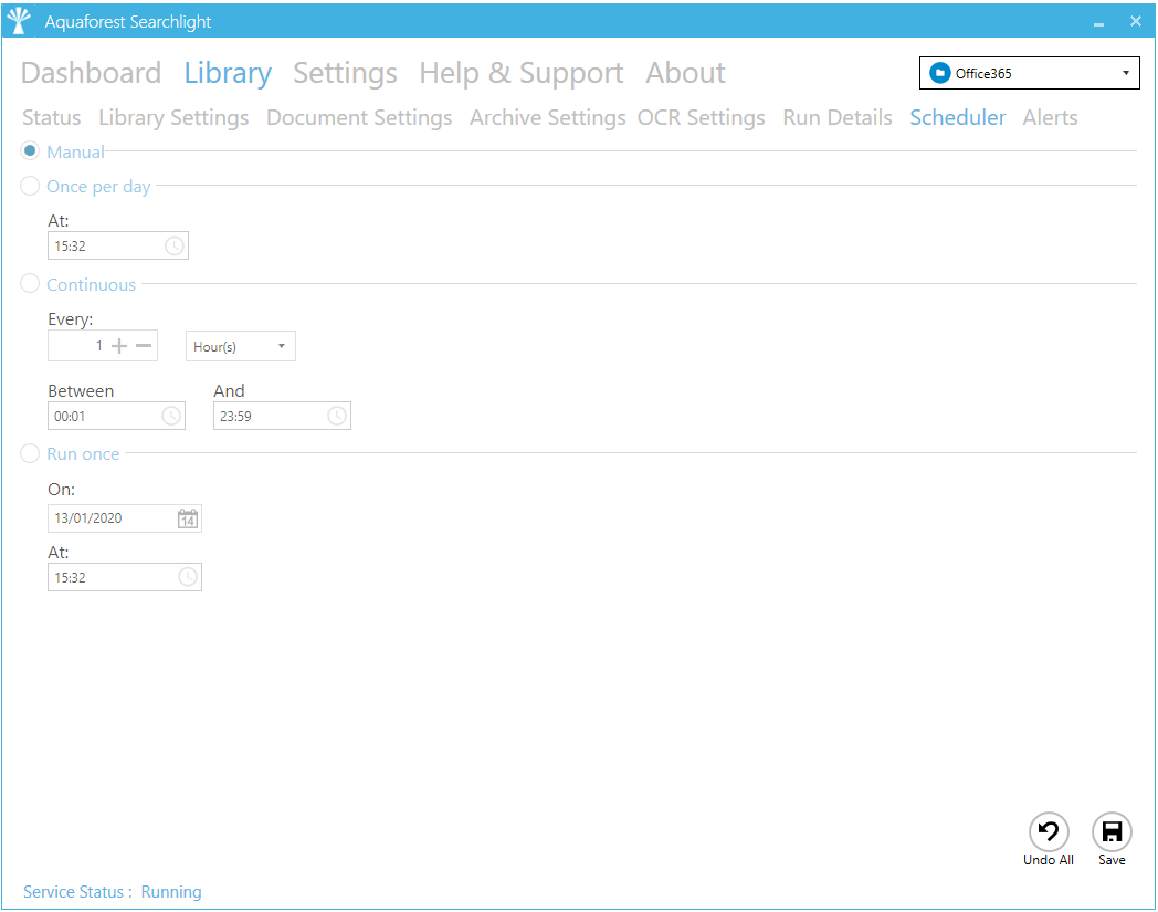 Интерфейс Aquaforest Searchlight: Scheduler: ручной, ежедневный и непрерывный запуск