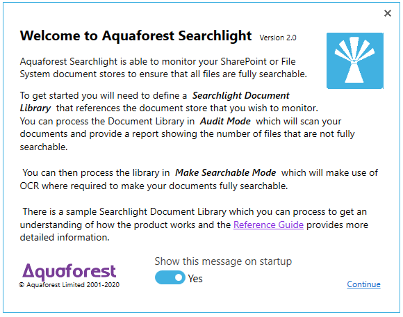 Интерфейс Aquaforest Searchlight: Лицензия и проверка доступных модулей