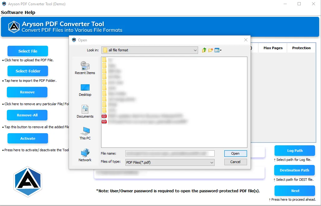 Стандартный диалог выбора PDF в Aryson PDF Converter
