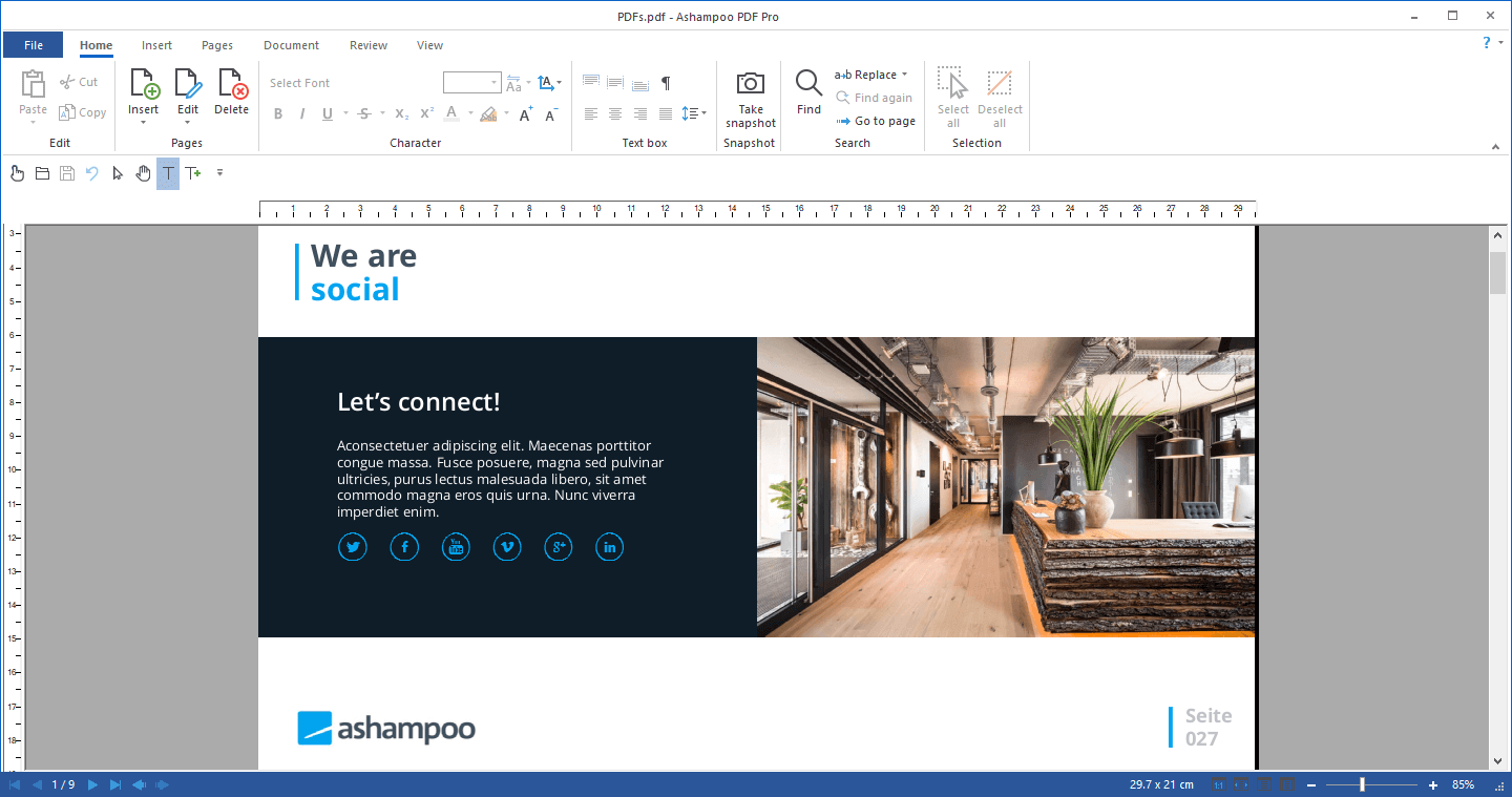 Главное окно Ashampoo PDF Pro с ленточным интерфейсом и открытым документом