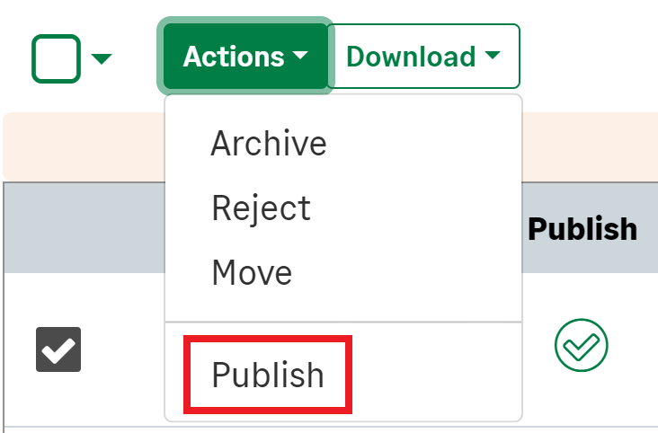 Меню пакетных действий AutoEntry с командой Publish
