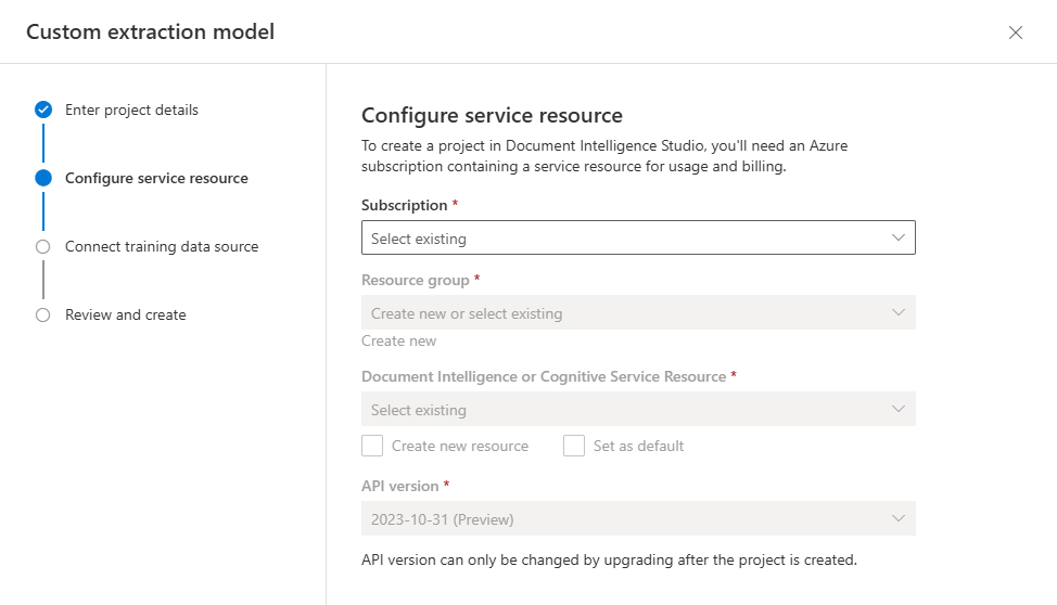 Настройка ресурса Azure для пользовательского проекта Document Intelligence