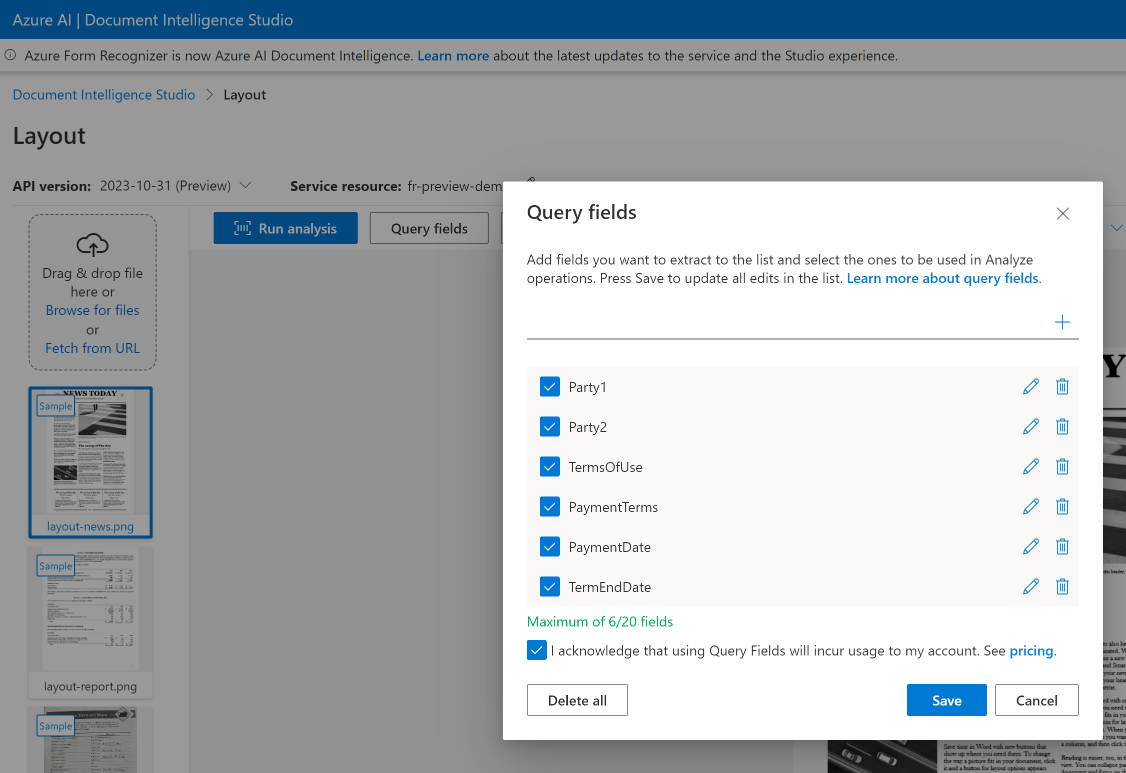Выбор и настройка Query fields в Document Intelligence Studio