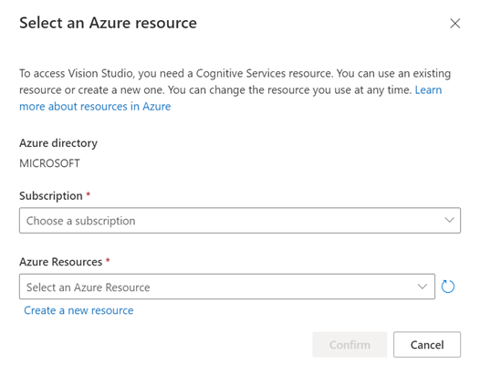 Панель выбора ресурса Azure для Vision Studio