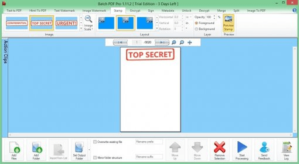 Параметры штампа и предпросмотр в Batch PDF Pro