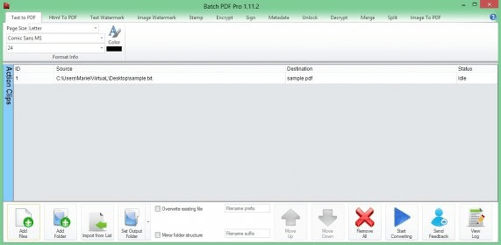 Настройки Text to PDF в Batch PDF Pro