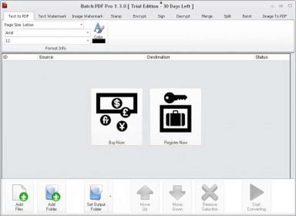 Лента операций и нижняя панель Batch PDF Pro