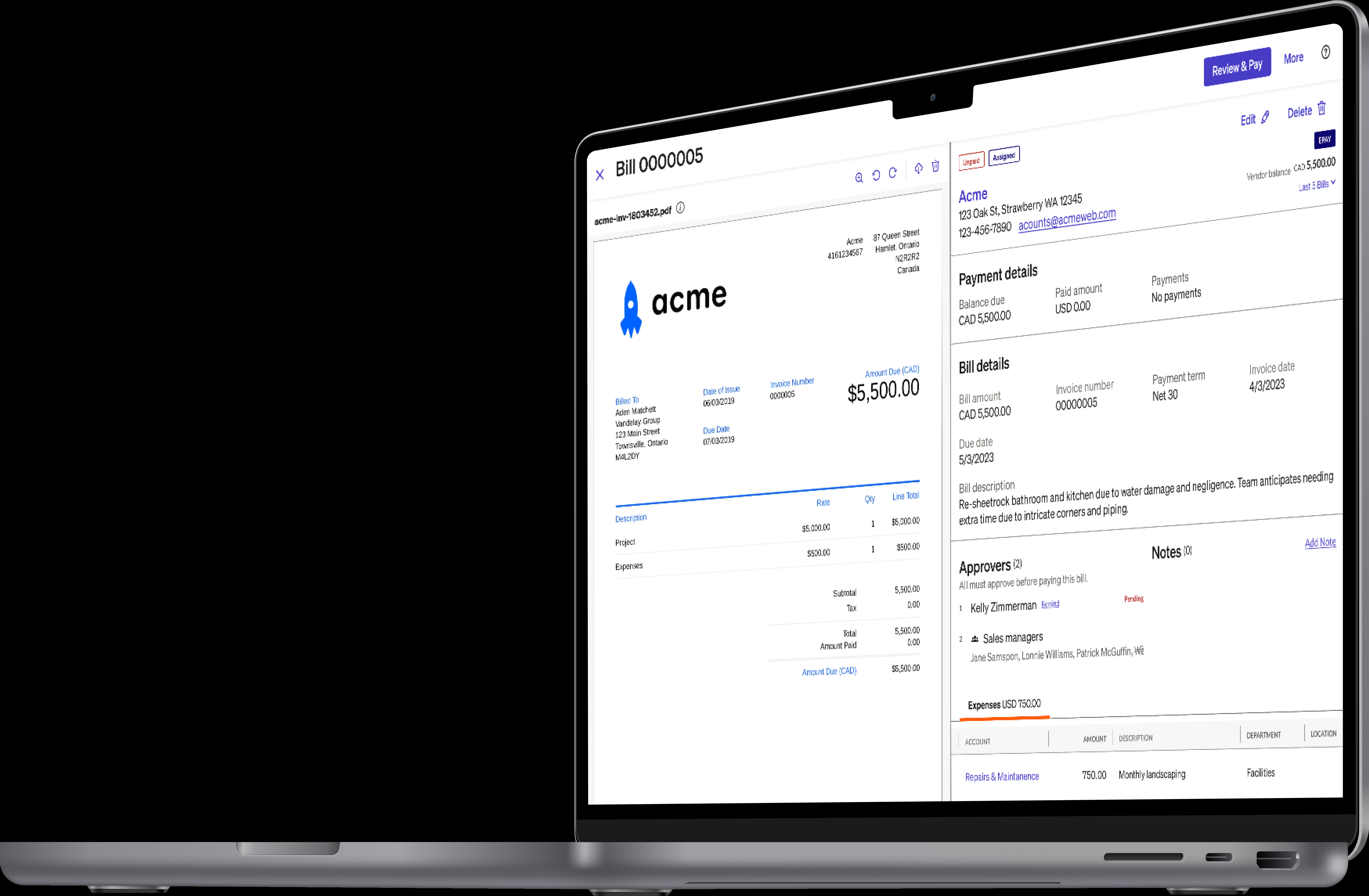 Предпросмотр счета и карточка Bill.com с реквизитами, согласующими и расходными строками