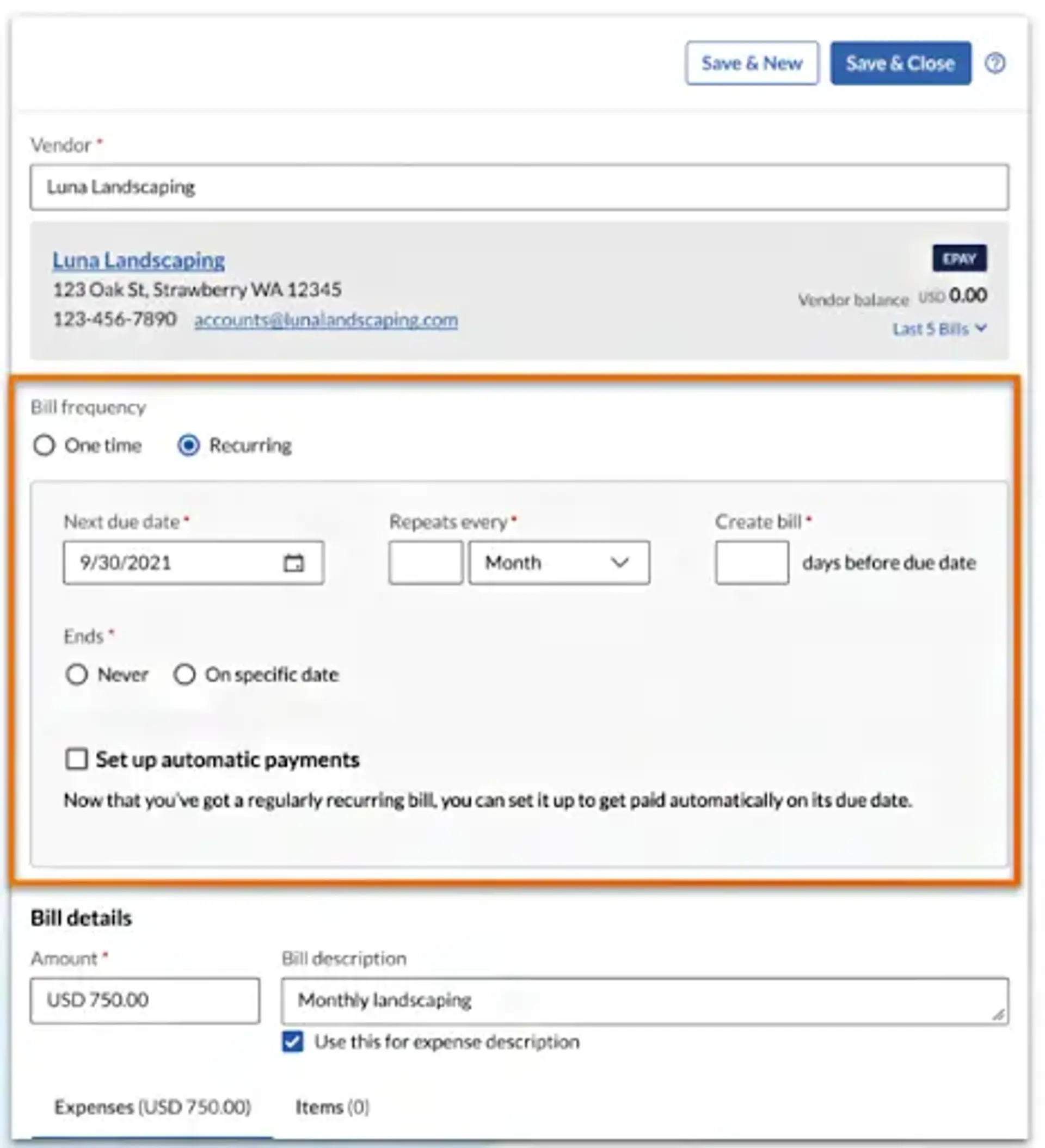 Форма настройки повторяющегося счета в Bill.com