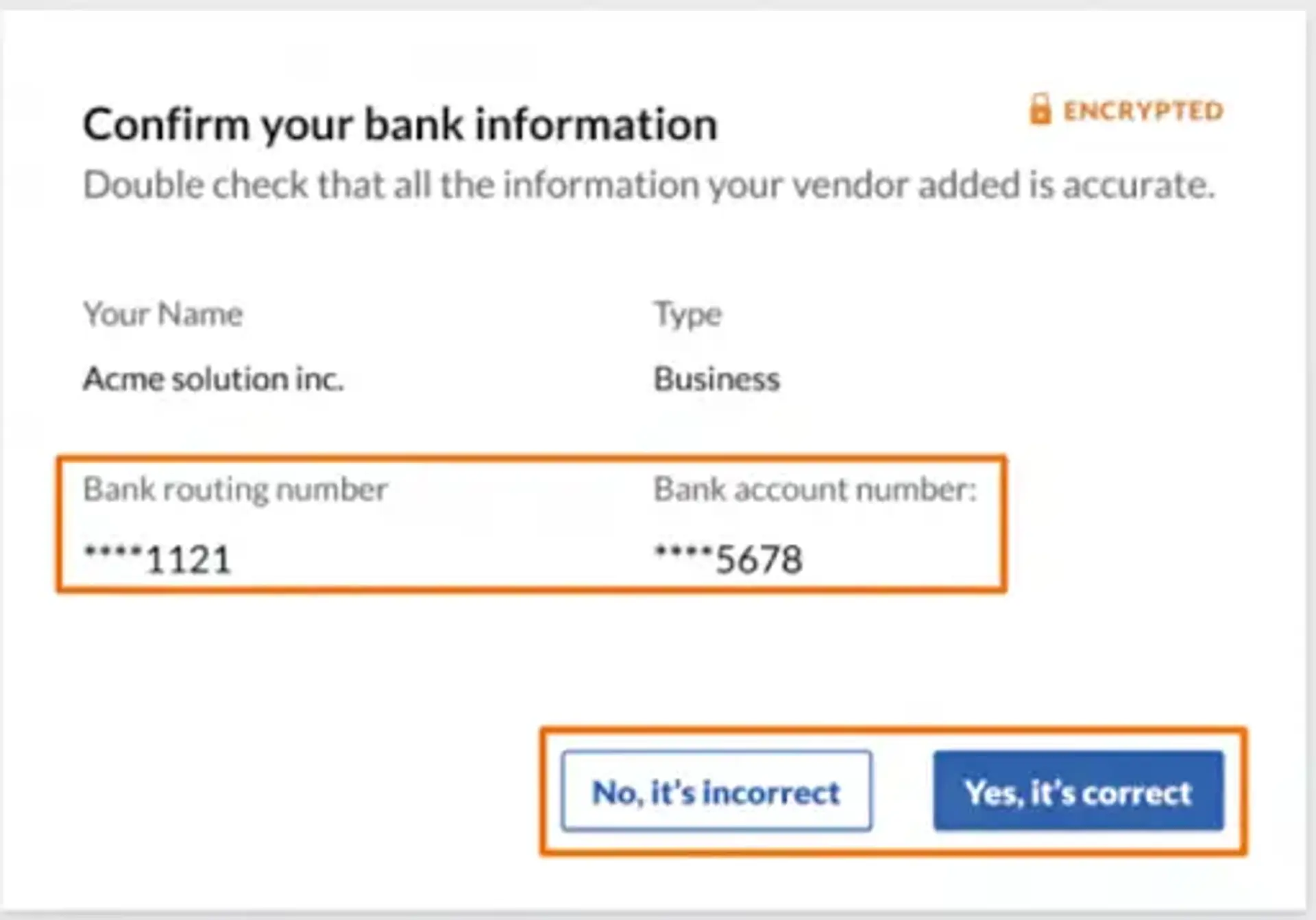 Экран подтверждения банковских реквизитов поставщика в Bill.com