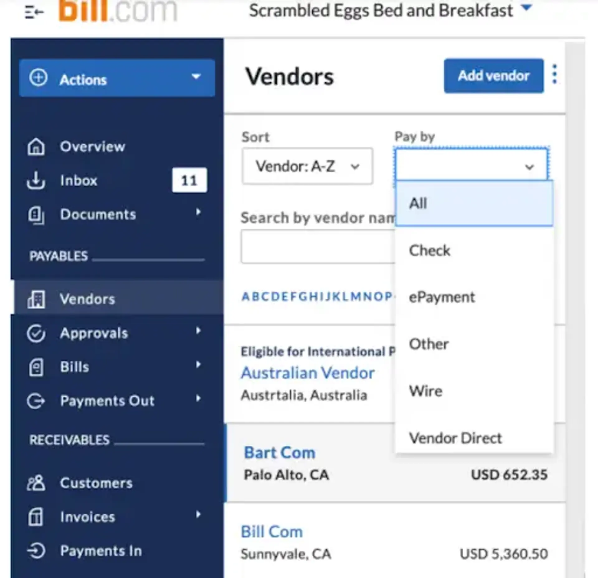 Фильтр поставщиков по способу оплаты в Bill.com