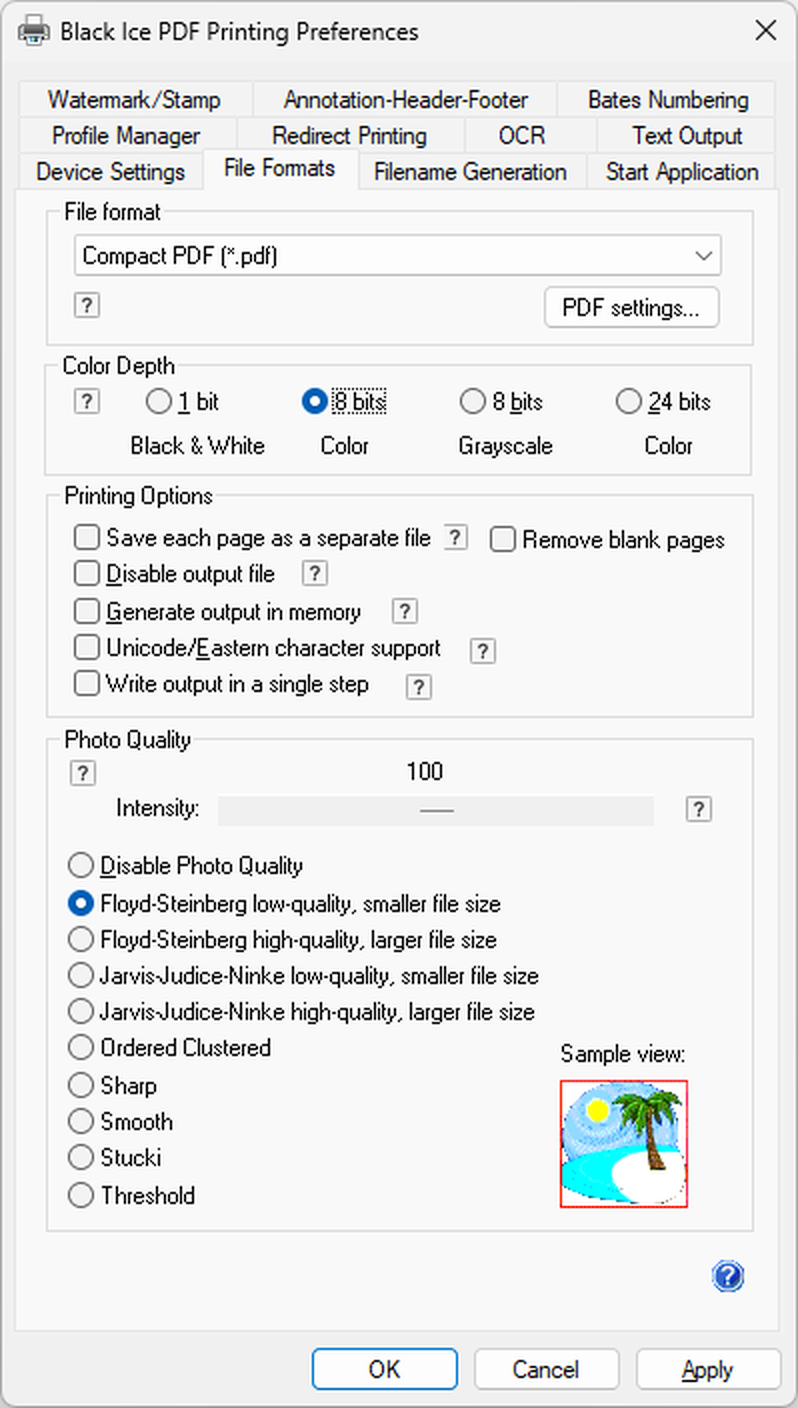 Интерфейс Black Ice PDF Printer Driver: Выбор формата PDF