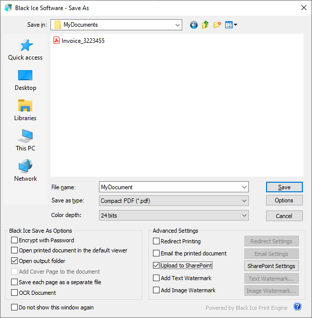 Интерфейс Black Ice PDF Printer Driver: Диалог Save As как контрольная точка