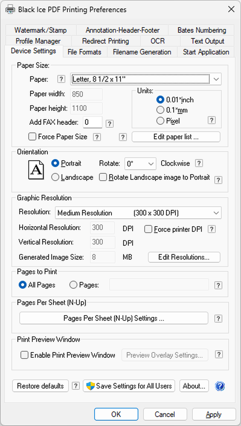 Интерфейс Black Ice PDF Printer Driver: Printer Manager и Printing Preferences