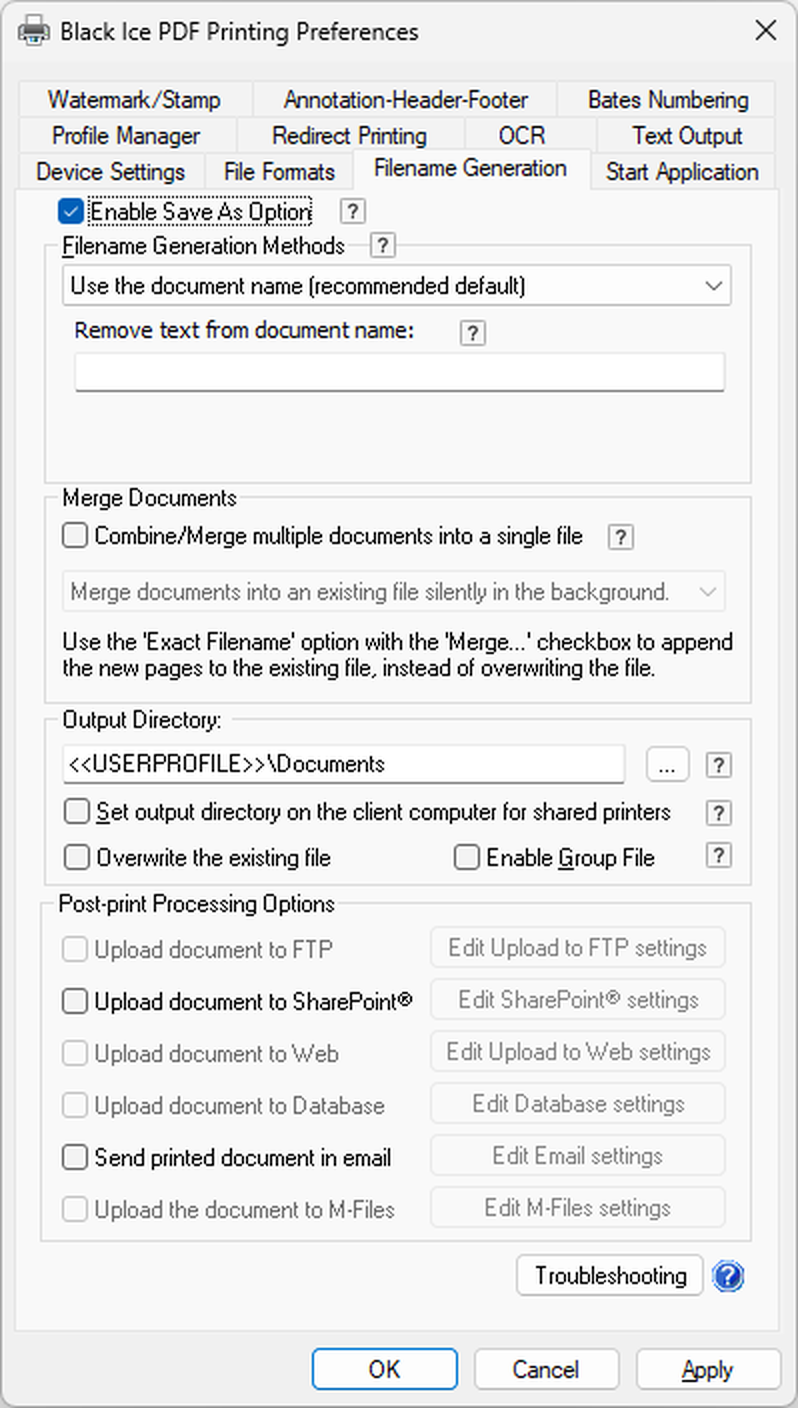 Интерфейс Black Ice PDF Printer Driver: Автоматические имена файлов