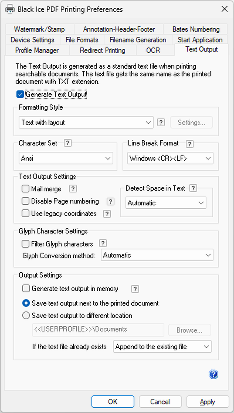 Интерфейс Black Ice PDF Printer Driver: Извлечение текста без OCR