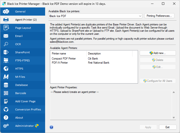 Интерфейс Black Ice PDF Printer Driver: Agent Printers для разных задач