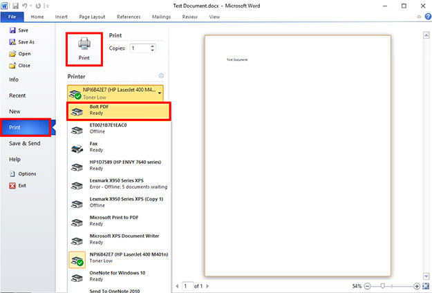 Bolt PDF Printer: параметры сохранения PDF