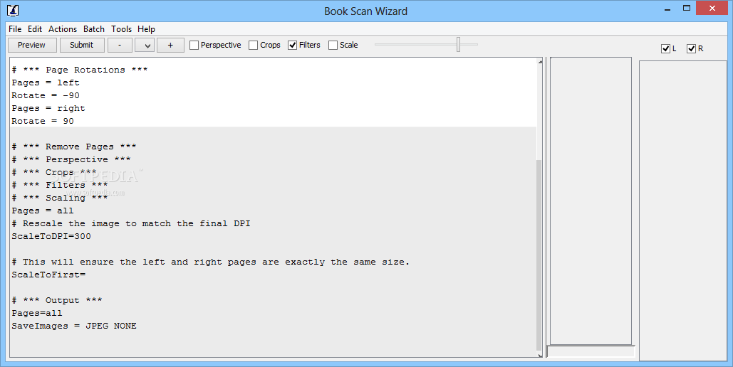Редактор проекта Book Scan Wizard 2 с конфигурацией и предпросмотром страницы