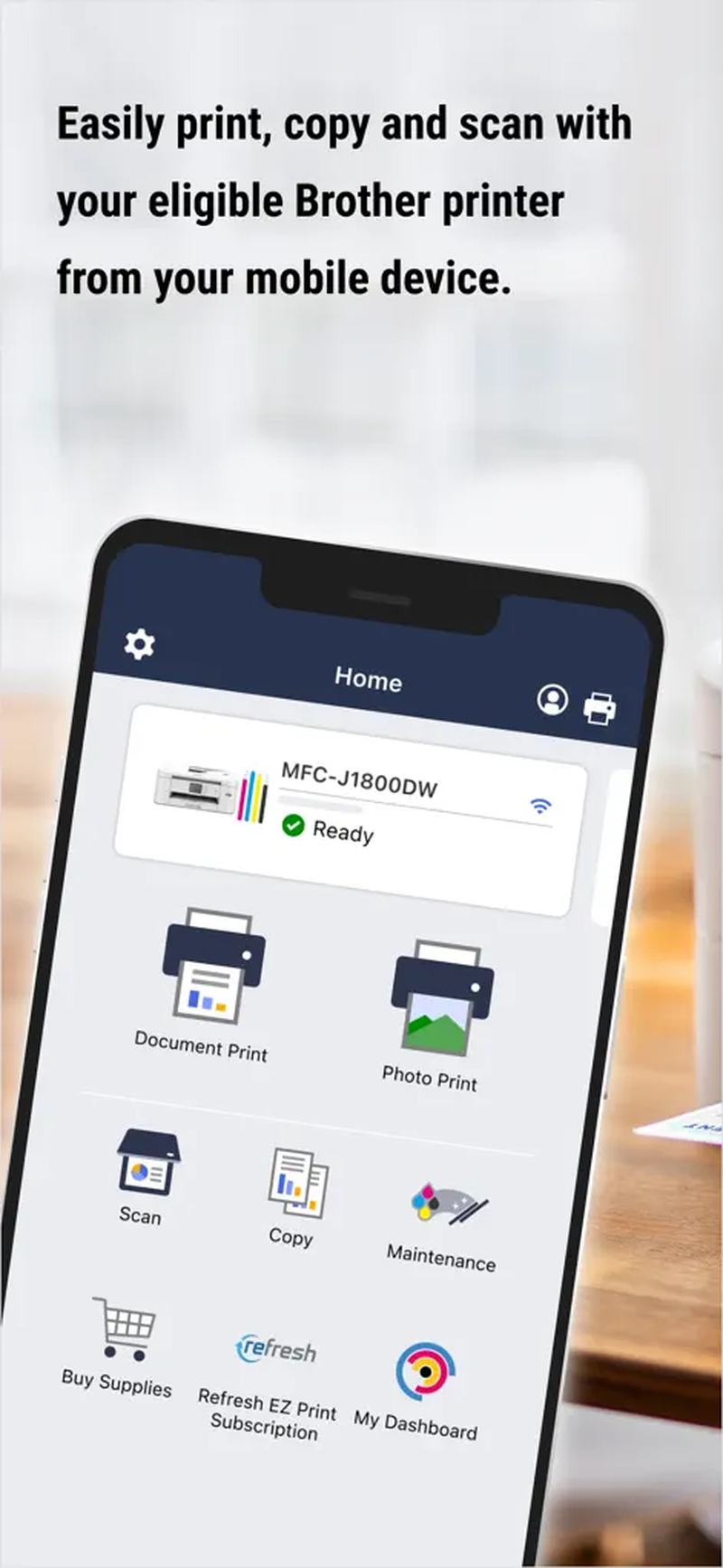 Домашний экран Brother Mobile Connect с карточкой принтера и основными командами