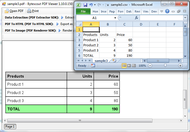 Экспорт таблицы PDF в Excel через демонстрационный интерфейс