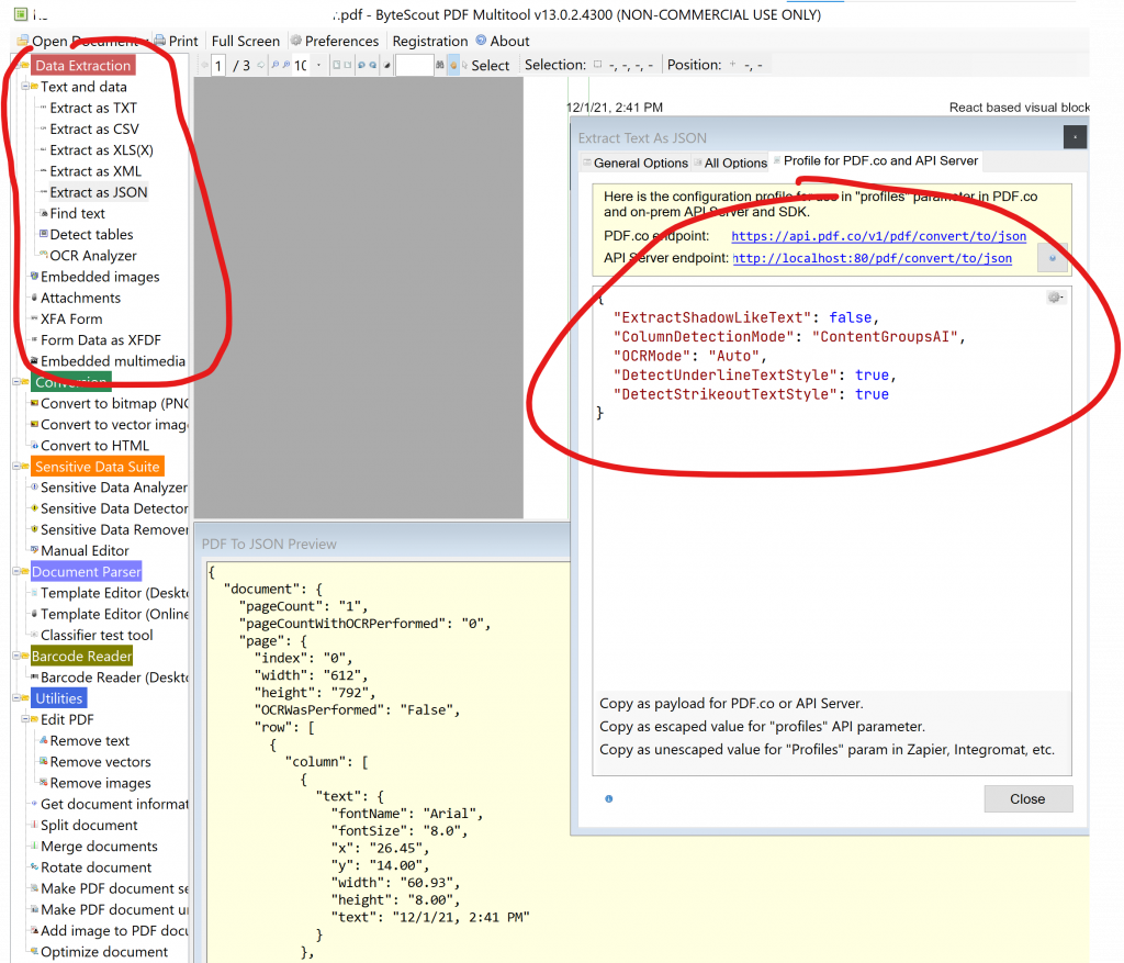 Настройка PDF to JSON в демонстрационном приложении