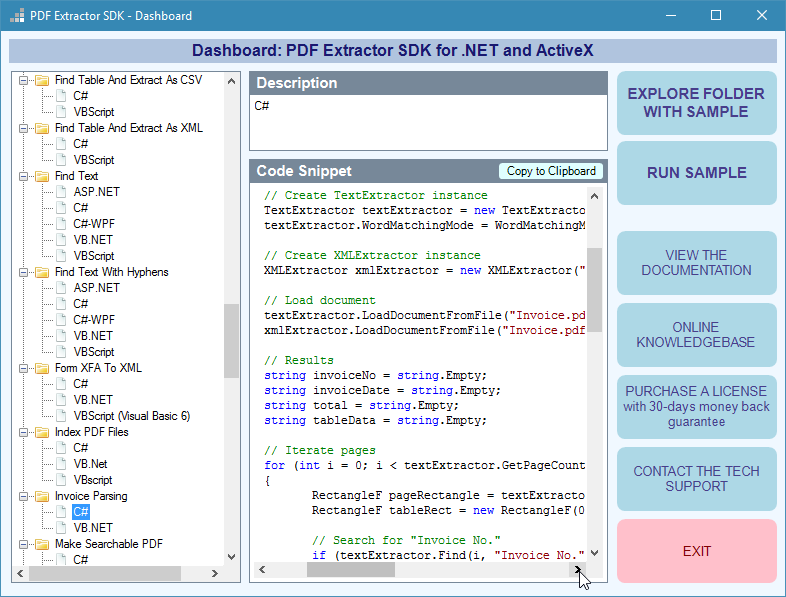 Dashboard PDF Extractor SDK с деревом примеров и кодовым фрагментом