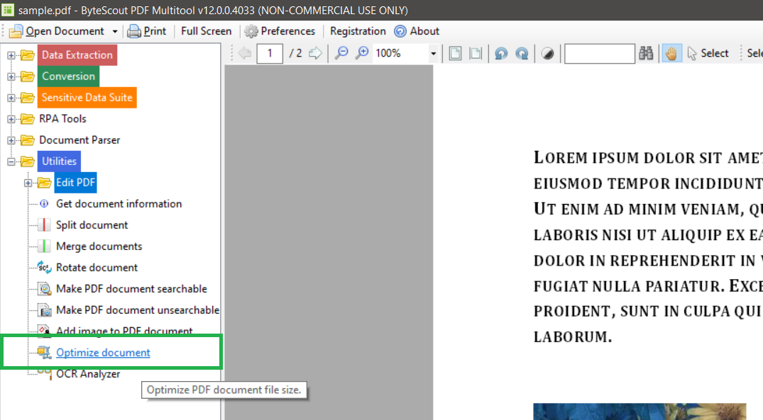 Команда Optimize document