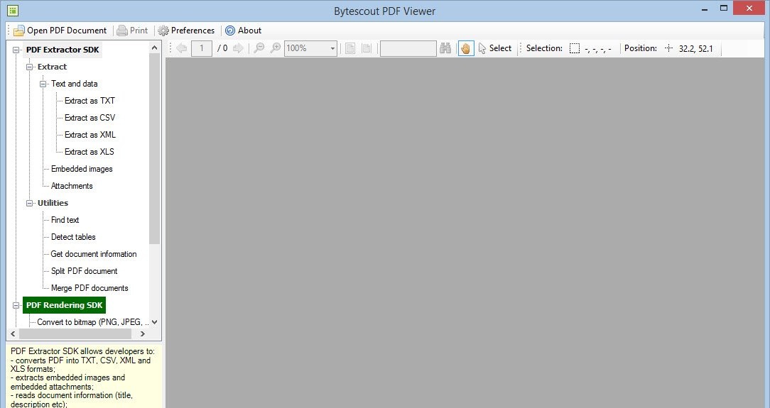 Интерфейс Bytescout PDF Viewer: Главное окно и дерево операций