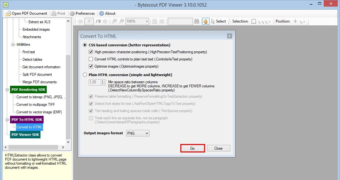 Интерфейс Bytescout PDF Viewer: HTML: CSS based conversion