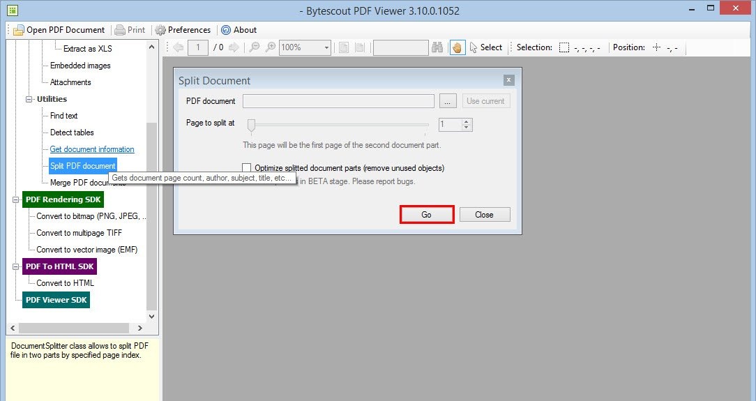 Интерфейс Bytescout PDF Viewer: Разделение PDF