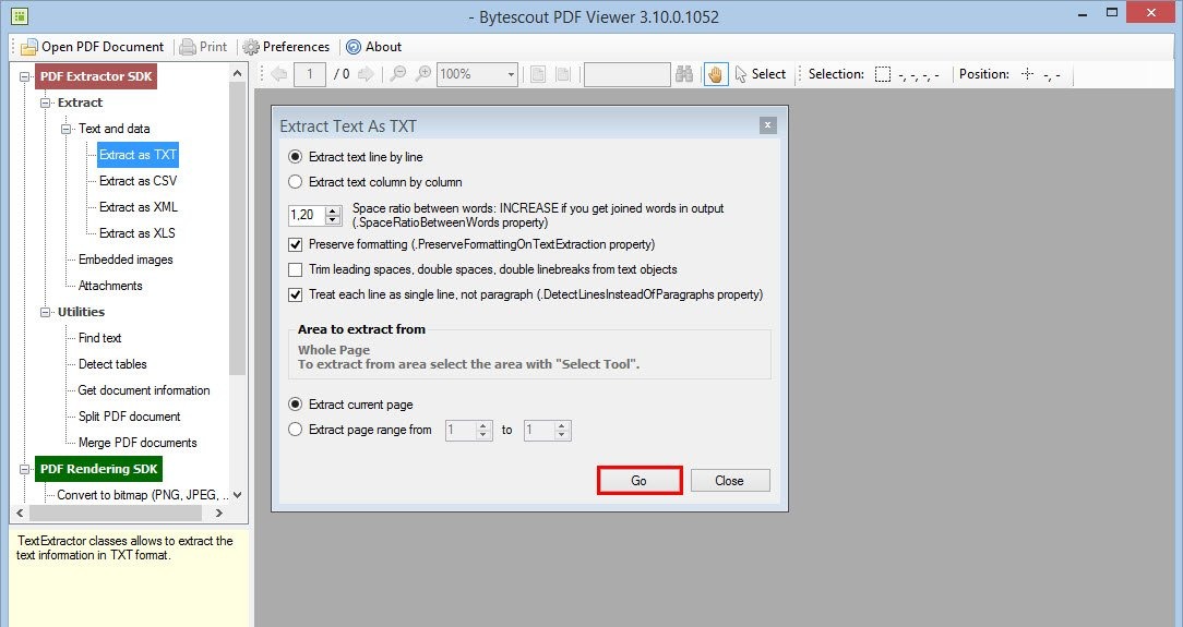 Настройки извлечения текста в TXT в Bytescout PDF Viewer