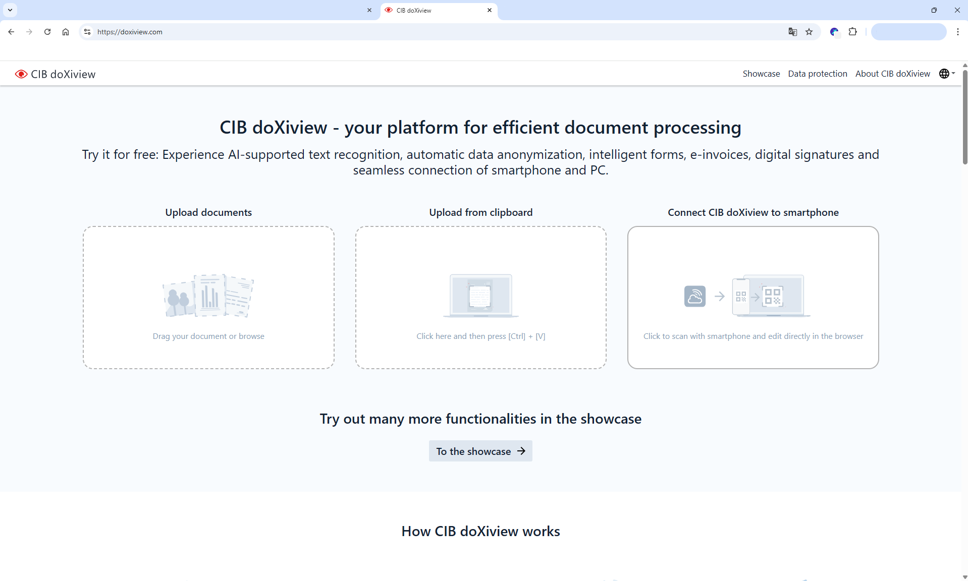 Главная страница CIB doXiview с загрузкой файла, буфером обмена и подключением смартфона