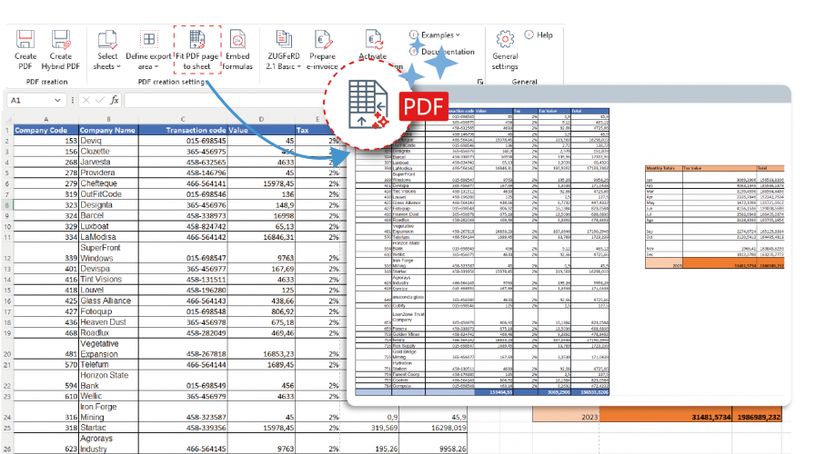 Экспорт длинной таблицы Excel в PDF