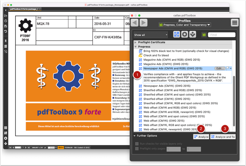 Скриншот callas pdfToolbox: профили и проверки