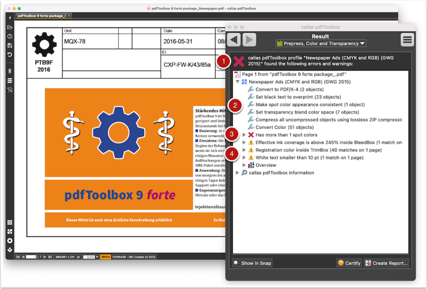 Скриншот callas pdfToolbox: preflight-отчет