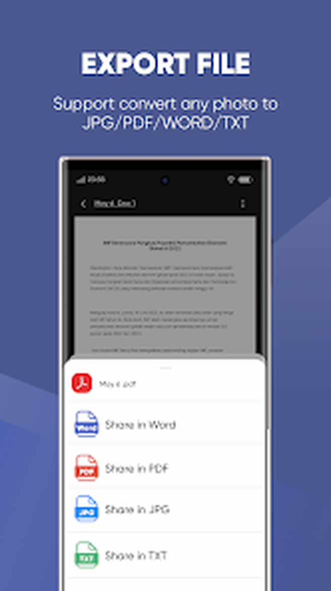 Выбор формата экспорта JPG, PDF, Word и TXT в Camera Scanner