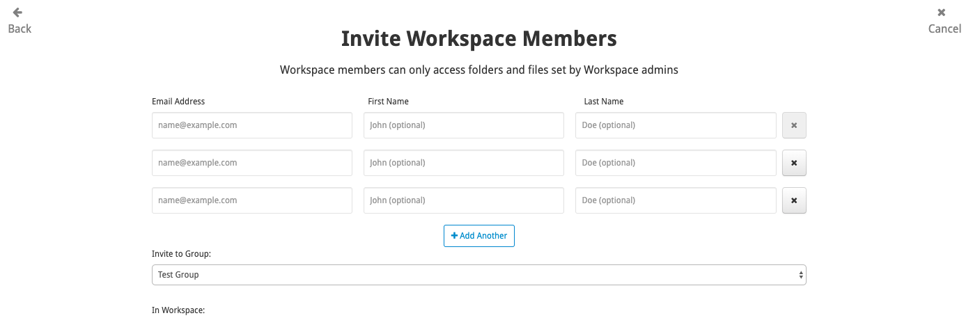 Форма приглашения участников Workspace