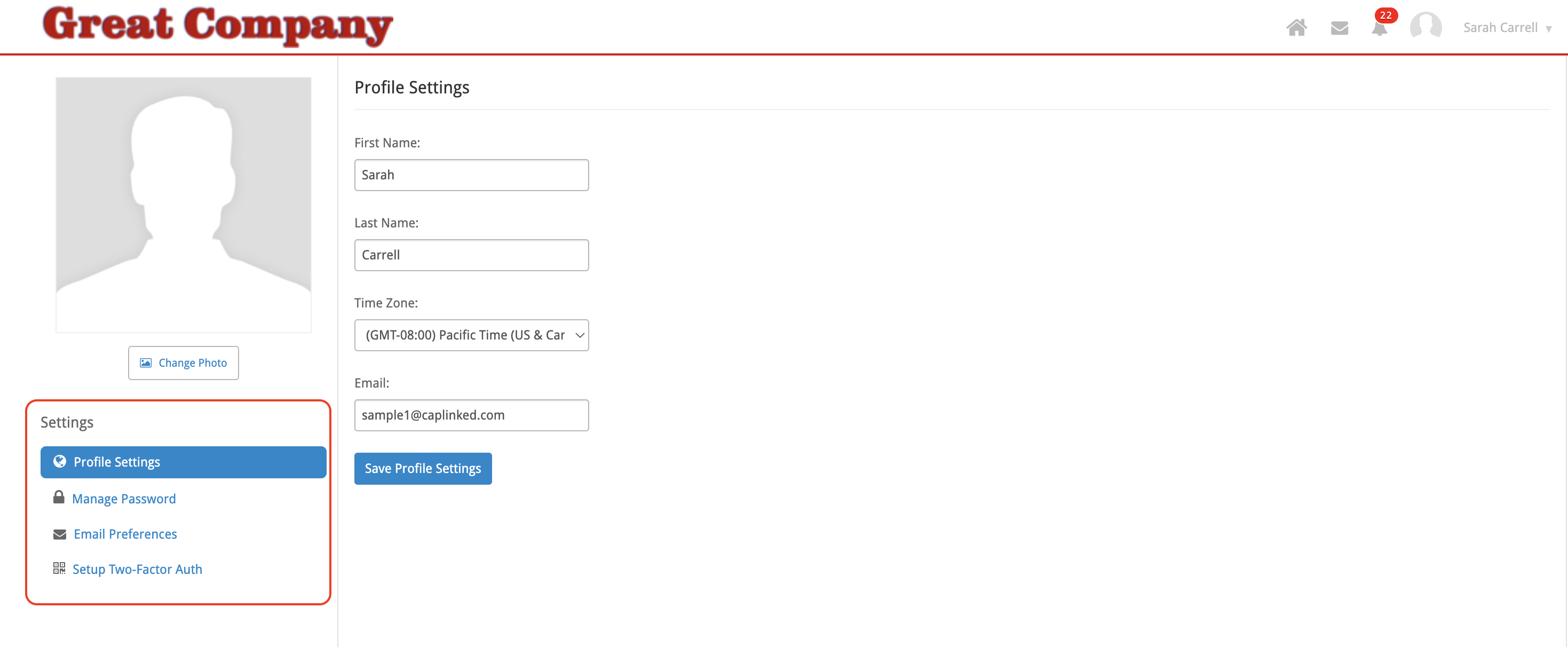 Настройки профиля пользователя CapLinked