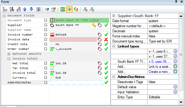 Form View с полями, значениями OCR и индикаторами проверки