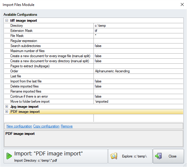 Окно Import Files Module с настройками импорта PDF и изображений