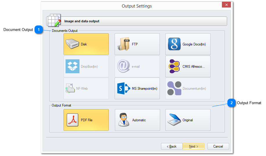 Окно Output Settings с вариантами назначения и формата