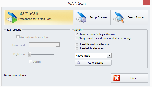 Окно TWAIN Scan с выбором источника и параметрами сканирования