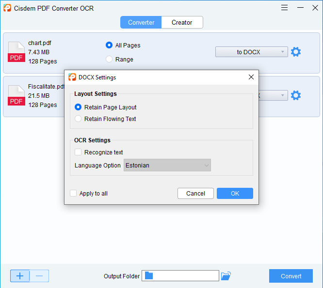 Настройки DOCX и OCR в Cisdem PDF Converter OCR