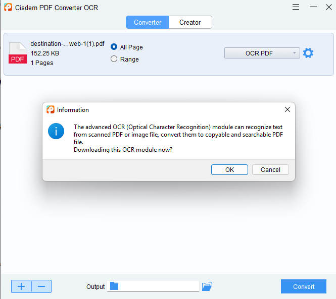 Запрос загрузки OCR-модуля Cisdem PDF Converter OCR