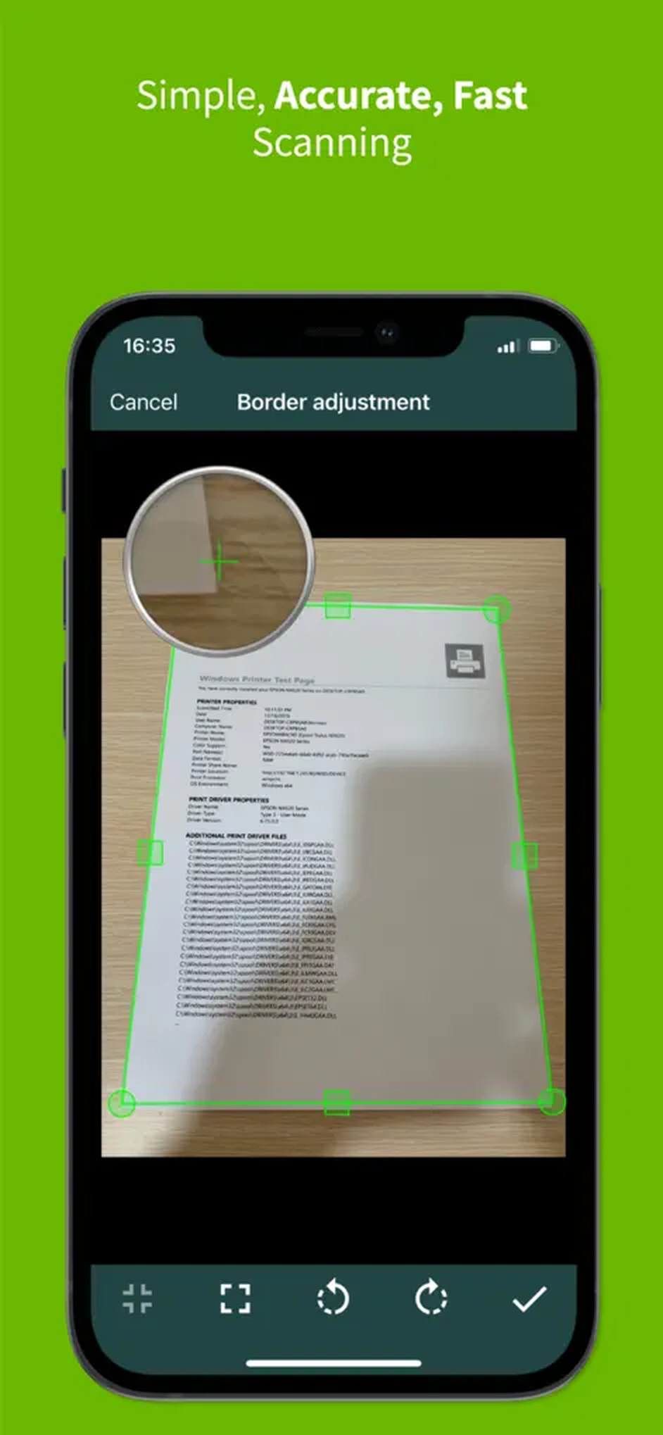 Экран Clear Scan с зелёной рамкой Border adjustment и лупой для точной установки углов