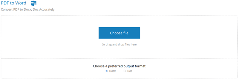 Выбор DOCX или DOC в инструменте PDF to Word