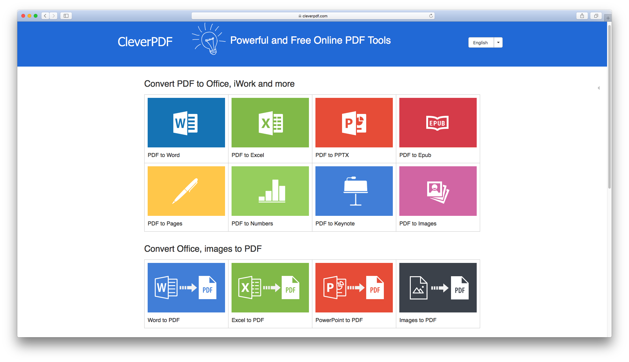 Главная сетка средств преобразования CleverPDF