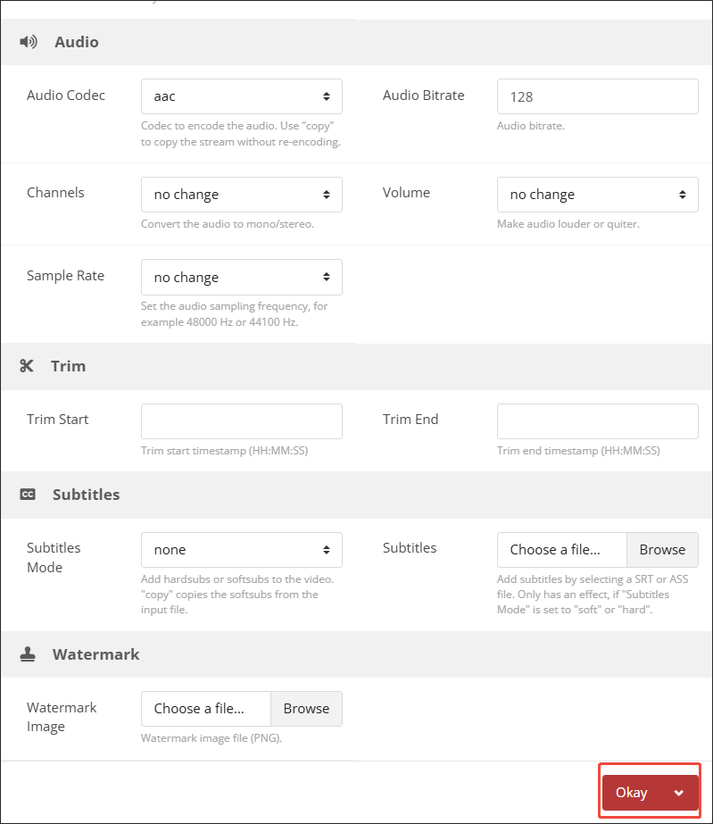 Параметры аудио, обрезки, субтитров и водяного знака в CloudConvert